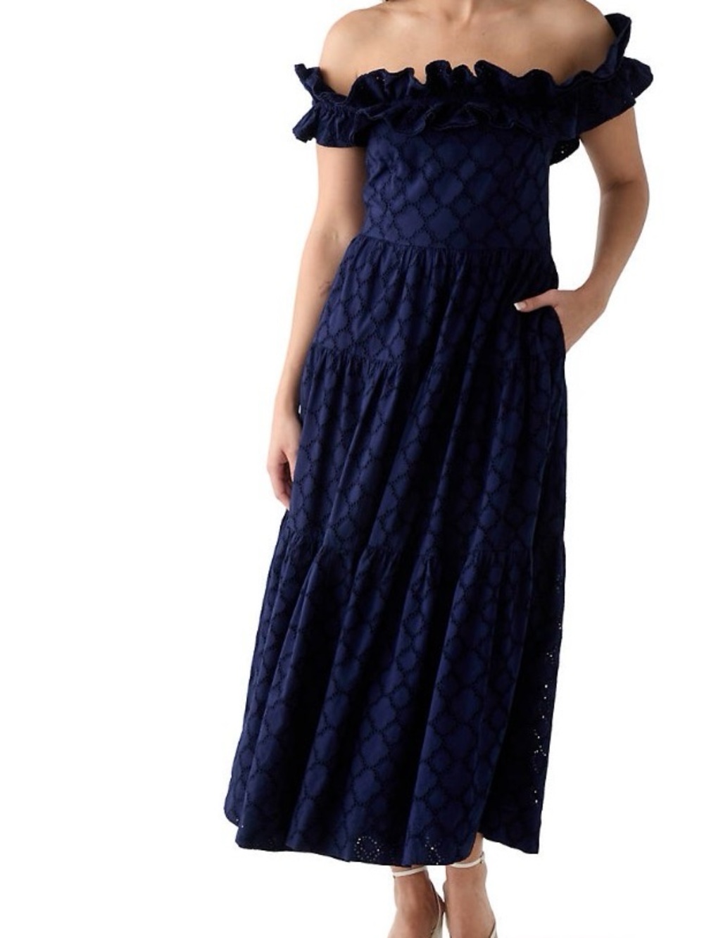 NWT Crown & Ivy Off-Shoulder Navy Eyelet MIDI Dress lined & so flaterring